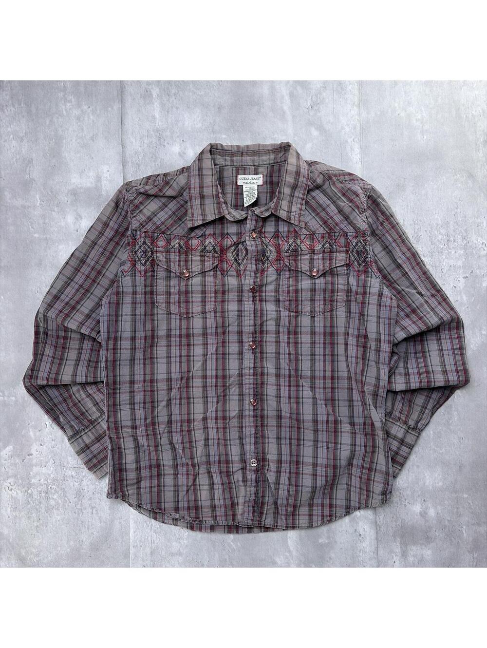 Y2K Grey Guess Jeans Grunge Gothic Plaid Long Sleeve Button Up Shirt